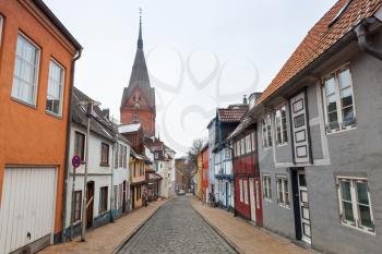 Street view of of Flensburg with the church Sankt Marien or St.Mary on a background