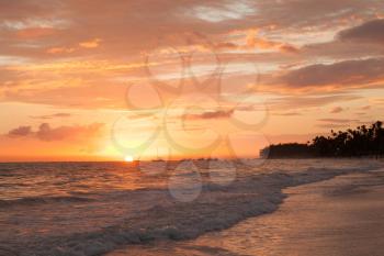 Pink sunrise over Atlantic Ocean. Bavaro beach, Hispaniola Island. Dominican Republic, coastal landscape