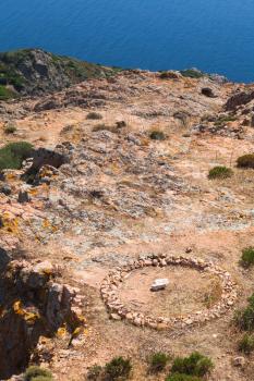 South region of Corsica island, France. Landscape of Piana area with round stone ruins in rocky mountains