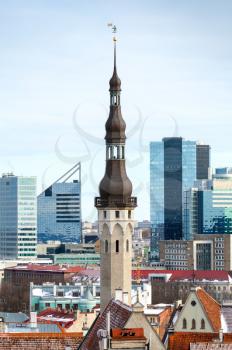 Vertical cityscape of Tallinn, Estonia. Old and modern buildings