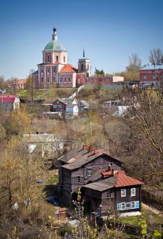 Old church on the hill and living houses in Smolensk, Russia