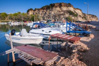 Fishing boats moored in Tsilivi port of Zakynthos. Greek island in the Ionian Sea