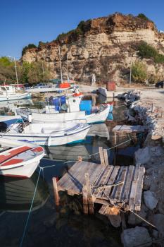 Fishing boats moored in Tsilivi town. Zakynthos. Greek island in the Ionian Sea