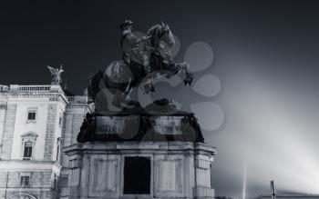 Monochrome photo of Prince Eugene of Savoy monument in Heldenplatz, Vienna