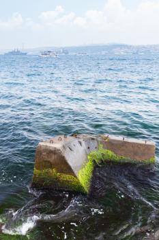 Broken concrete pier with green seaweed, Bosporus strait