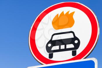 Road sign. Movement of vehicles with explosive and highly flammable cargo is prohibited