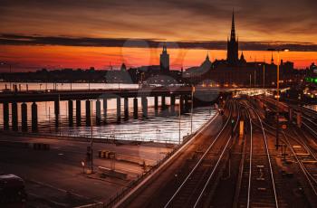 Stockholm cityscape with bridges of Gamla Stan at sunset, Sweden