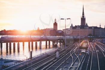 Cityscape of Stockholm with bridges of Gamla Stan at sunset, Sweden