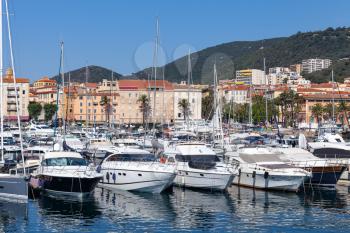 Ajaccio port. Sailing yachts and pleasure motor boats moored in marina, Corsica island, France