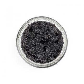 Black caviar in a glass jar. Top view isolated on white background