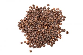 Pile of roasted coffee beans isolated on white background