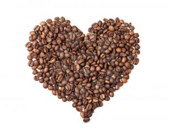 Heart shaped pile of roasted coffee beans isolated on white background