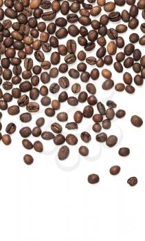 Dark roasted coffee beans pattern over white background
