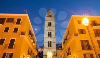Bell tower of the Cathedral Basilica of Gaeta at night, one of the most popular touristic landmark