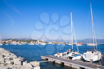 Sailing yachts moored in port of Ajaccio, Corsica, the capital of Corsica, French island in the Mediterranean Sea