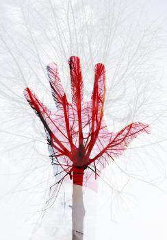 Double exposure abstract ecological conceptual photo collage, red male hand and leafless tree pattern