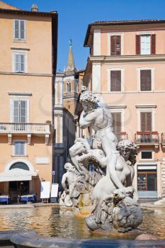 Piazza Navona, Statues of Neptune Fountain in summer day. Rome, Italy