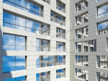 Modern city architecture, windows with cloudy sky reflections in white walls. Blue toned 3d render illustration