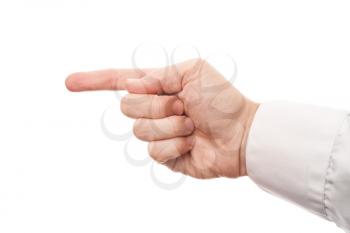 Right male hand with index finger showing left direction isolated on white background