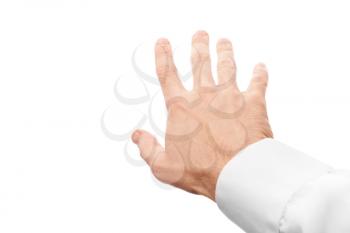 Right business man hand trying to grab something, first-person view with selective focus isolated on white