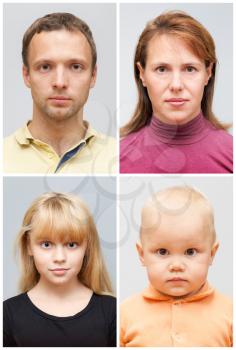 Set of real young Caucasian family face portraits on gray background