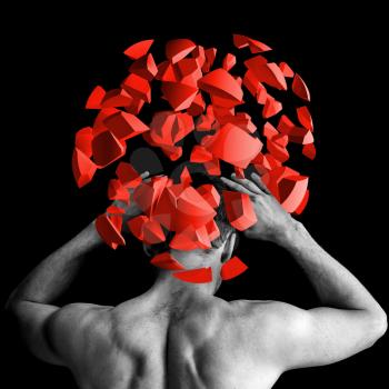 Strong man with red brain explosion fragments on black background, 3d illustration concept