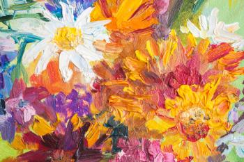 Oil painting, closeup fragment with colorful bouquet of summer flowers