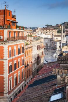 Old Rome, Italy. Via del Corso street view, vertical photo taken from the roof, looking  on The Piazza del Popolo