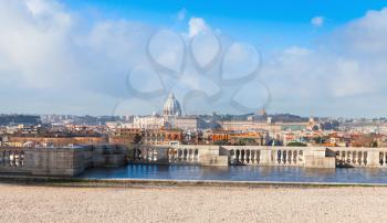 Panoramic cityscape of Rome, Italy. The Papal Basilica of St. Peter in the Vatican as a main landmark dominant, view from the Pincian Hill