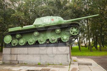 Side view of Soviet tank from WWII period, historical military monument in Saint-Petersburg, Russia
