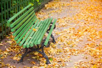 Empty green wooden bench stands on the walking road of autumnal park with yellow fallen leaves