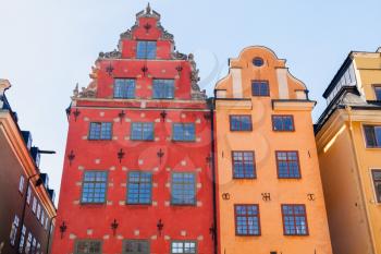 Colorful iconic buildings on Stortorget, a small public square on Gamla Stan island, old town in central Stockholm, Sweden