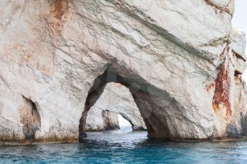 Blue caves seaside view. Coastal formations of Greek island Zakynthos in Ionian Sea. Popular touristic destination