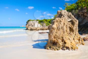 Coastal rocks on Macao Beach, popular touristic resort of Dominican Republic, Hispaniola Island