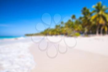 Blurred photo background with white tropical sandy beach. Caribbean Sea coast, Dominican republic, Saona island