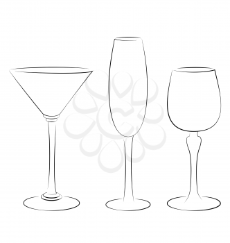 Three isolated outline glass for alcohol drinks on white background
