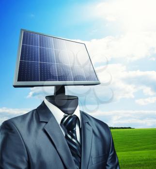 Businessman with a solar panel instead of a head