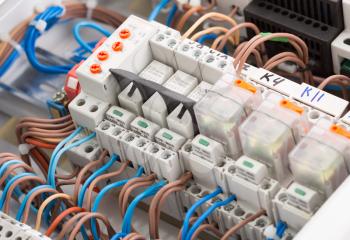 Closeup of electrical supplies in switchgear cabinet