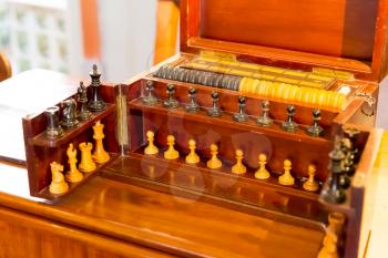 Vintage wooden chess set closeup