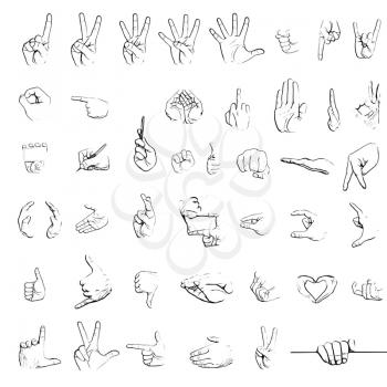 Silhouette sketches of hand signs isolated on white