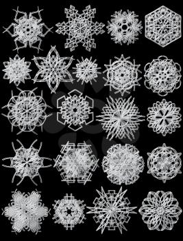 Collection of snowflakes isolated on black background