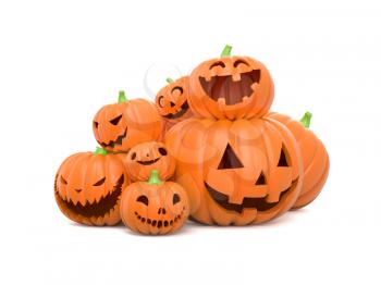 Pile of funny Halloween pumpkins on white background