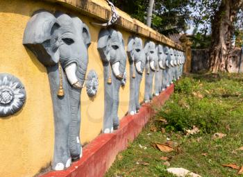 Wall with elephant sculptures in buddha temple, Ceylon attractions, unesco heritage. Asia culture, bubbhism religion