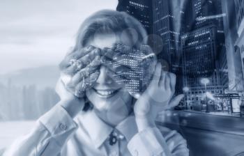 Man closes hand eyes woman, male body with cityscape texture, double exposure effect