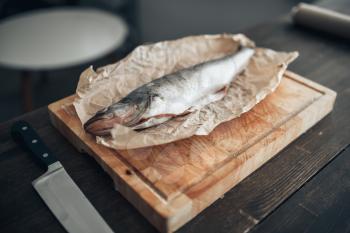 Fresh fish preparation, rosemary, spices, onion and garlic on cutting board covered with parchment paper, closeup view