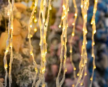 Christmas tree decorated with lights, garland closeup xmas decor, new year. Winter holiday celebration
