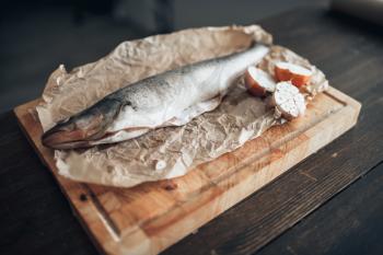 Fresh fish preparation, rosemary, spices, onion and garlic on cutting board covered with parchment paper, closeup view