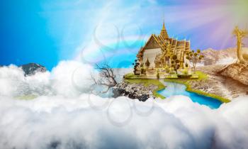 Temple on the top of mountain, cloudy sky and tranquil lake. Monastery, historical monument building and nature
