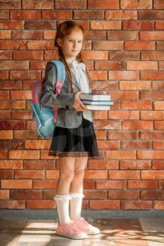 Cute schoolgirl with schoolbag holds books, brick wall on background. Adorable female pupil with backpack and books poses in the school