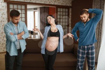 Pregnant woman with belly, two men on background, who is the father, humor. Pregnancy, prenatal period at home. Expectant mom, joke